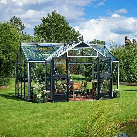 JULIANA Serre En Verre Trempé Orangerie 15.2 M², Couleur Anthracite, Base Sans Base - Anthracite 1 JULIANA Serre En Verre Trempé Orangerie 15.2 M², Couleur Anthracite, Base Sans Base - Anthracite
