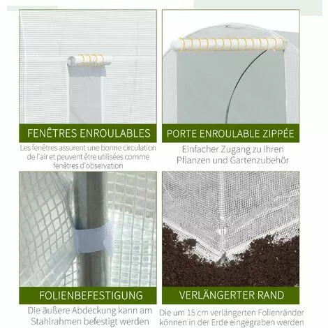 Outsunny Serre De Jardin Tunnel Surface Sol 9 M² 4,5L X 2l X 2H M Châssis Tubulaire Renforcé 18 Mm 6 Fenêtres Blanc - Blanc 4 Outsunny Serre De Jardin Tunnel Surface Sol 9 M² 4,5L X 2l X 2H M Châssis Tubulaire Renforcé 18 Mm 6 Fenêtres Blanc - Blanc – Image 4
