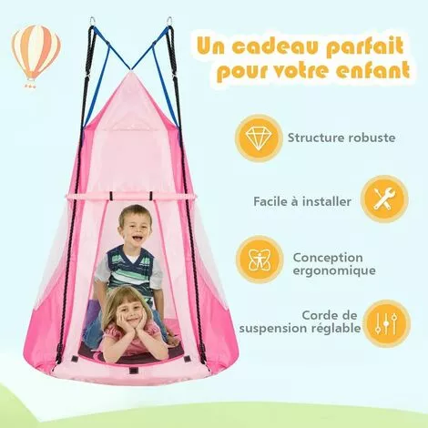 COSTWAY Balançoire Nid D’Oiseau Ø100CM Avec Tente Charge Maximal 150KG Pour Enfants Et Adultes Hauteur Réglable De 100 à 160CM Rose 3 COSTWAY Balançoire Nid D’Oiseau Ø100CM Avec Tente Charge Maximal 150KG Pour Enfants Et Adultes Hauteur Réglable De 100 à 160CM Rose – Image 3