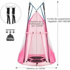 COSTWAY Balançoire Nid D’Oiseau Ø100CM Avec Tente Charge Maximal 150KG Pour Enfants Et Adultes Hauteur Réglable De 100 à 160CM Rose 8 COSTWAY Balançoire Nid D’Oiseau Ø100CM Avec Tente Charge Maximal 150KG Pour Enfants Et Adultes Hauteur Réglable De 100 à 160CM Rose -Serre de jardin Boutique 19890764 4