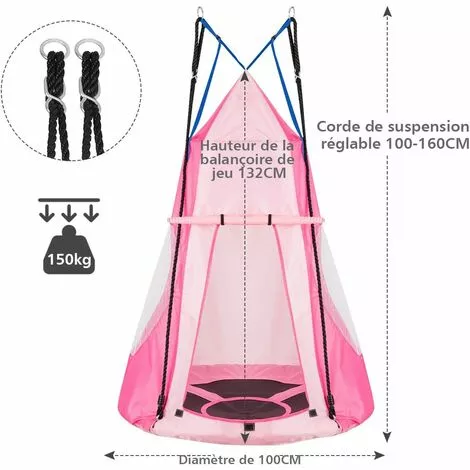 COSTWAY Balançoire Nid D’Oiseau Ø100CM Avec Tente Charge Maximal 150KG Pour Enfants Et Adultes Hauteur Réglable De 100 à 160CM Rose 4 COSTWAY Balançoire Nid D’Oiseau Ø100CM Avec Tente Charge Maximal 150KG Pour Enfants Et Adultes Hauteur Réglable De 100 à 160CM Rose – Image 4