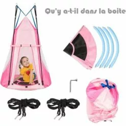COSTWAY Balançoire Nid D’Oiseau Ø100CM Avec Tente Charge Maximal 150KG Pour Enfants Et Adultes Hauteur Réglable De 100 à 160CM Rose 9 COSTWAY Balançoire Nid D’Oiseau Ø100CM Avec Tente Charge Maximal 150KG Pour Enfants Et Adultes Hauteur Réglable De 100 à 160CM Rose -Serre de jardin Boutique 19890764 5