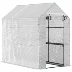 Outsunny Serre De Jardin 2 Tablettes Dim. 1,86L X 1,2l X 1,9H M Porte Déroulante Acier PE Haute Densité 140 G/m² Transparent Blanc - Blanc