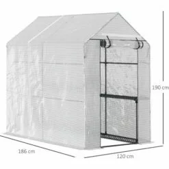 Outsunny Serre De Jardin 2 Tablettes Dim. 1,86L X 1,2l X 1,9H M Porte Déroulante Acier PE Haute Densité 140 G/m² Transparent Blanc - Blanc -Serre de jardin Boutique 28503730 3