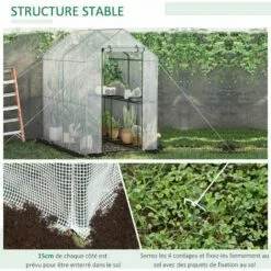 Outsunny Serre De Jardin 2 Tablettes Dim. 1,86L X 1,2l X 1,9H M Porte Déroulante Acier PE Haute Densité 140 G/m² Transparent Blanc - Blanc -Serre de jardin Boutique 28503730 4