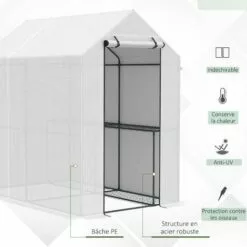 Outsunny Serre De Jardin 2 Tablettes Dim. 1,86L X 1,2l X 1,9H M Porte Déroulante Acier PE Haute Densité 140 G/m² Transparent Blanc - Blanc -Serre de jardin Boutique 28503730 5