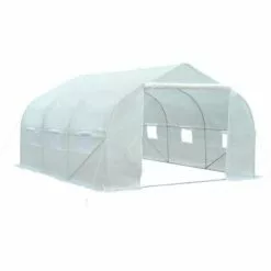 Outsunny Serre Tunnel De Jardin Dim. 4,45L X 2,99l X 2H M Porte + 6 Fenêtres Enroulables Acier Galvanisé Bâche PE Haute Densité Blanc