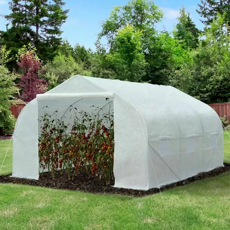 Outsunny Serre Tunnel De Jardin Dim. 4,45L X 2,99l X 2H M Porte + 6 Fenêtres Enroulables Acier Galvanisé Bâche PE Haute Densité Blanc 2 Outsunny Serre Tunnel De Jardin Dim. 4,45L X 2,99l X 2H M Porte + 6 Fenêtres Enroulables Acier Galvanisé Bâche PE Haute Densité Blanc – Image 2