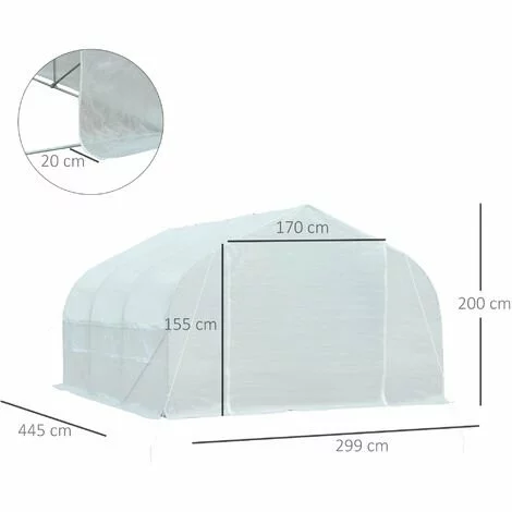 Outsunny Serre Tunnel De Jardin Dim. 4,45L X 2,99l X 2H M Porte + 6 Fenêtres Enroulables Acier Galvanisé Bâche PE Haute Densité Blanc 3 Outsunny Serre Tunnel De Jardin Dim. 4,45L X 2,99l X 2H M Porte + 6 Fenêtres Enroulables Acier Galvanisé Bâche PE Haute Densité Blanc – Image 3