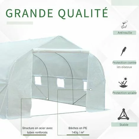 Outsunny Serre Tunnel De Jardin Dim. 4,45L X 2,99l X 2H M Porte + 6 Fenêtres Enroulables Acier Galvanisé Bâche PE Haute Densité Blanc 4 Outsunny Serre Tunnel De Jardin Dim. 4,45L X 2,99l X 2H M Porte + 6 Fenêtres Enroulables Acier Galvanisé Bâche PE Haute Densité Blanc – Image 4