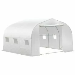 Outsunny Serre Tunnel De Jardin Dim. 3,5L X 3l X 2H M Porte + 6 Fenêtres Enroulables Acier Galvanisé Bâche PE Haute Densité Blanc