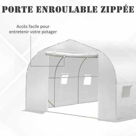 Outsunny Serre Tunnel De Jardin Dim. 3,5L X 3l X 2H M Porte + 6 Fenêtres Enroulables Acier Galvanisé Bâche PE Haute Densité Blanc 4 Outsunny Serre Tunnel De Jardin Dim. 3,5L X 3l X 2H M Porte + 6 Fenêtres Enroulables Acier Galvanisé Bâche PE Haute Densité Blanc – Image 4