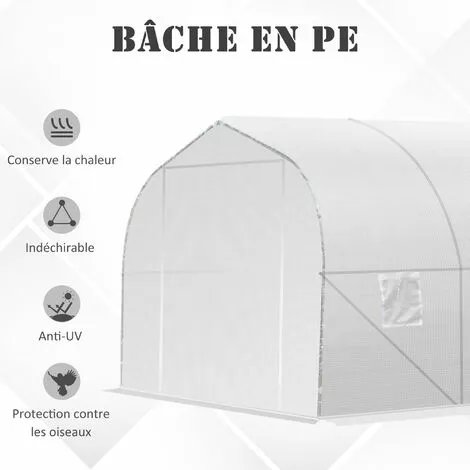 Outsunny Serre Tunnel De Jardin Dim. 3,5L X 3l X 2H M Porte + 6 Fenêtres Enroulables Acier Galvanisé Bâche PE Haute Densité Blanc 5 Outsunny Serre Tunnel De Jardin Dim. 3,5L X 3l X 2H M Porte + 6 Fenêtres Enroulables Acier Galvanisé Bâche PE Haute Densité Blanc – Image 5