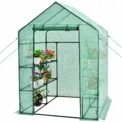 COSTWAY Serre De Jardin 3,9㎡avec Porte à Fermeture Enroulable Fenêtres D'Observation Bâche En PVC 8 Étagères 142 X 142 X 195 Cm Vert