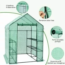 COSTWAY Serre De Jardin 3,9㎡avec Porte à Fermeture Enroulable Fenêtres D'Observation Bâche En PVC 8 Étagères 142 X 142 X 195 Cm Vert 8 COSTWAY Serre De Jardin 3,9㎡avec Porte à Fermeture Enroulable Fenêtres D'Observation Bâche En PVC 8 Étagères 142 X 142 X 195 Cm Vert -Serre de jardin Boutique 30137462 4