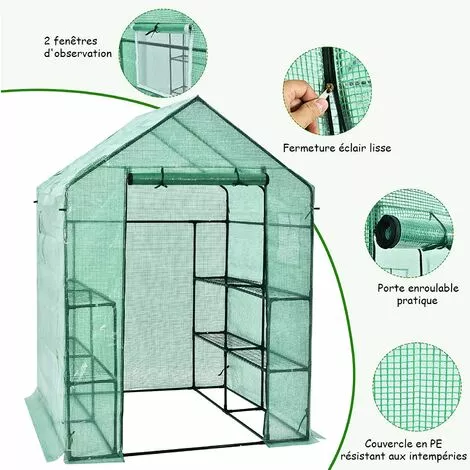 COSTWAY Serre De Jardin 3,9㎡avec Porte à Fermeture Enroulable Fenêtres D'Observation Bâche En PVC 8 Étagères 142 X 142 X 195 Cm Vert 4 COSTWAY Serre De Jardin 3,9㎡avec Porte à Fermeture Enroulable Fenêtres D'Observation Bâche En PVC 8 Étagères 142 X 142 X 195 Cm Vert – Image 4