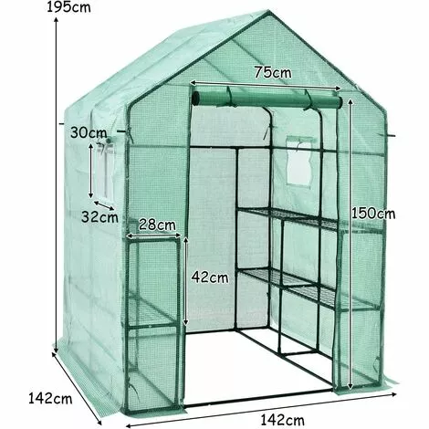COSTWAY Serre De Jardin 3,9㎡avec Porte à Fermeture Enroulable Fenêtres D'Observation Bâche En PVC 8 Étagères 142 X 142 X 195 Cm Vert 5 COSTWAY Serre De Jardin 3,9㎡avec Porte à Fermeture Enroulable Fenêtres D'Observation Bâche En PVC 8 Étagères 142 X 142 X 195 Cm Vert – Image 5