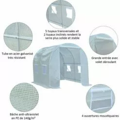 Outsunny Serre De Jardin Tunnel Surface Sol 5 M² 2,5L X 2l X 2H M Châssis Tubulaire Renforcé 18 Mm 4 Fenêtres Blanc -Serre de jardin Boutique 3023953 4