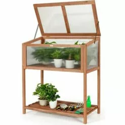 GOPLUS Mini Serre En Bois Et Plastique Transparent, Carré Potager Jardinière Rectangulaire Sur Pied, Avec Espace De Rangement Pour Outils, Convient Au Jardin Balcon Terrasse, 90X50X105cm, Brun