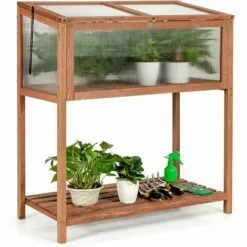 GOPLUS Mini Serre En Bois Et Plastique Transparent, Carré Potager Jardinière Rectangulaire Sur Pied, Avec Espace De Rangement Pour Outils, Convient Au Jardin Balcon Terrasse, 90X50X105cm, Brun -Serre de jardin Boutique 34761445 3