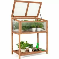 GOPLUS Mini Serre En Bois Et Plastique Transparent, Carré Potager Jardinière Rectangulaire Sur Pied, Avec Espace De Rangement Pour Outils, Convient Au Jardin Balcon Terrasse, 90X50X105cm, Brun -Serre de jardin Boutique 34761445 4