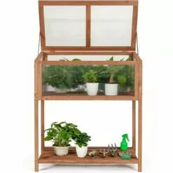 GOPLUS Mini Serre En Bois Et Plastique Transparent, Carré Potager Jardinière Rectangulaire Sur Pied, Avec Espace De Rangement Pour Outils, Convient Au Jardin Balcon Terrasse, 90X50X105cm, Brun -Serre de jardin Boutique 34761445 5