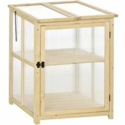 Outsunny Mini Serre De Jardin 2 Niveaux Dim. 62L X 63l X 82H Cm Porte Et Panneau Toit Ouvrant Bois Sapin Traité Polycarbonate