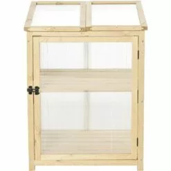 Outsunny Mini Serre De Jardin 2 Niveaux Dim. 62L X 63l X 82H Cm Porte Et Panneau Toit Ouvrant Bois Sapin Traité Polycarbonate -Serre de jardin Boutique 34833538 5