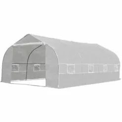 Outsunny Serre Tunnel De Jardin Dim. 6L X 3l X 2H M Porte + 8 Fenêtres Enroulables Acier Galvanisé Bâche PE Haute Densité Blanc - Blanc