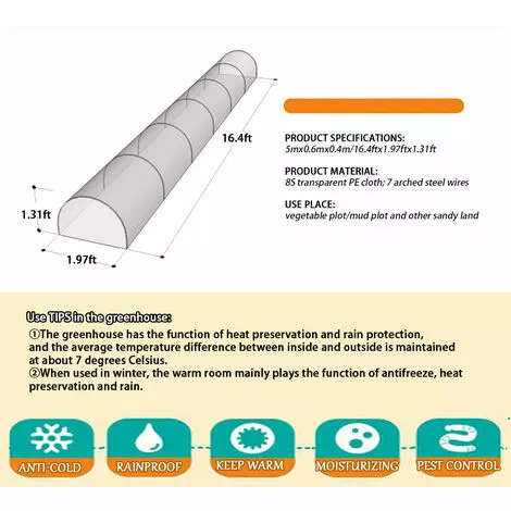 DMTOOL 5M Long Tunnel Garden Greenhouse Réglable Grow Protéger Plantes Transparent PE 2 DMTOOL 5M Long Tunnel Garden Greenhouse Réglable Grow Protéger Plantes Transparent PE – Image 2