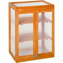 Outsunny Mini Serre De Jardin 3 Niveaux Dim. 58L X 44l X 78H Cm Double Porte Toit Ouvrant Bois Sapin Lasuré Polycarbonate - Orange