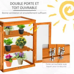 Outsunny Mini Serre De Jardin 3 Niveaux Dim. 58L X 44l X 78H Cm Double Porte Toit Ouvrant Bois Sapin Lasuré Polycarbonate - Orange -Serre de jardin Boutique 47140863 4