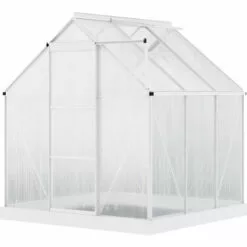 Outsunny Serre De Jardin Aluminium Polycarbonate 3,6 M² Dim. 1,87L X 1,93l X 2,05H M Fondation Lucarne Réglable Porte Coulissante - Transparent