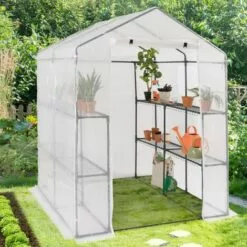 IDMARKET Serre De Jardin Blanche Toutes Saisons 8 étagères 2 Fenêtres Avec Moustiquaire Et Porte Zippée
