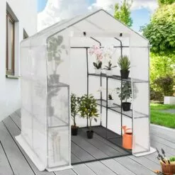 IDMARKET Serre De Jardin Blanche Toutes Saisons 8 étagères 2 Fenêtres Avec Moustiquaire Et Porte Zippée -Serre de jardin Boutique 49793142 5
