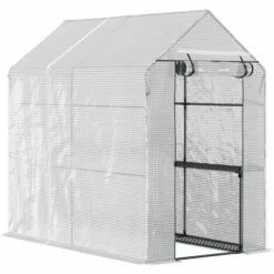 Outsunny Serre De Jardin 2 Tablettes Dim. 1,86L X 1,2l X 1,9H M Porte Déroulante Acier PE Haute Densité 140 G/m² Transparent Blanc - Blanc