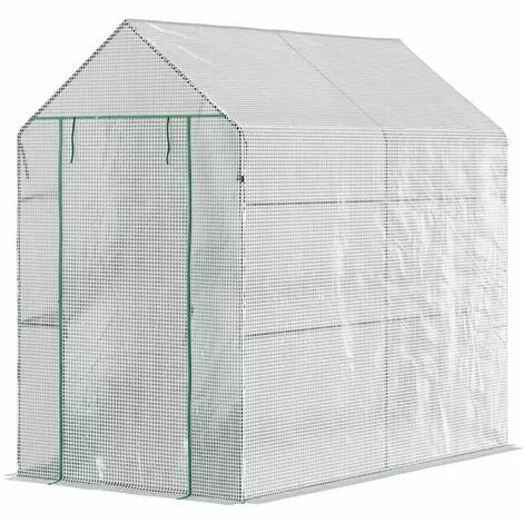 Outsunny Serre De Jardin 2 Tablettes Dim. 1,86L X 1,2l X 1,9H M Porte Déroulante Acier PE Haute Densité 140 G/m² Transparent Blanc - Blanc 2 Outsunny Serre De Jardin 2 Tablettes Dim. 1,86L X 1,2l X 1,9H M Porte Déroulante Acier PE Haute Densité 140 G/m² Transparent Blanc - Blanc – Image 2