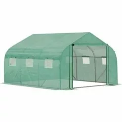 Outsunny Serre Tunnel De Jardin Grande Taille Dim. 3,47L X 3l X 2H M - 6 Fenêtres Et Porte Zippée Enroulable - Acier Galvanisé PE Haute Densité Vert