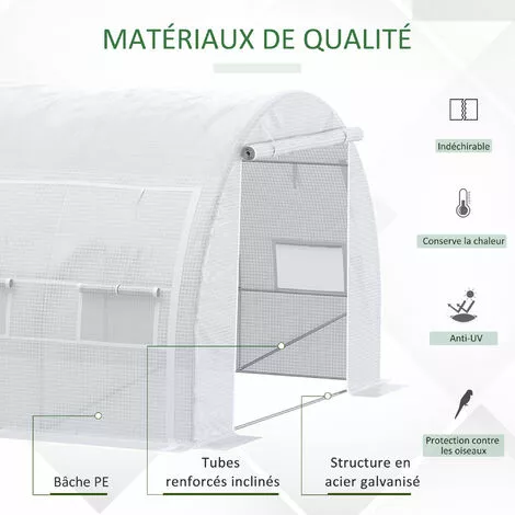 Outsunny Serre De Jardin Tunnel 18 M² Dim. 5,97L X 3,02l X 2H M - 12 Fenêtres, Porte Zippée Enroulable - Châssis Tubulaire Acier Galvanisé, Bâche PE Haute Densité Blanc - Blanc 4 Outsunny Serre De Jardin Tunnel 18 M² Dim. 5,97L X 3,02l X 2H M - 12 Fenêtres, Porte Zippée Enroulable - Châssis Tubulaire Acier Galvanisé, Bâche PE Haute Densité Blanc - Blanc – Image 4