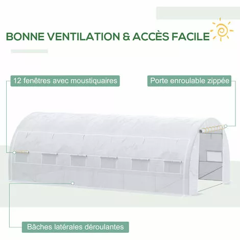 Outsunny Serre De Jardin Tunnel 18 M² Dim. 5,97L X 3,02l X 2H M - 12 Fenêtres, Porte Zippée Enroulable - Châssis Tubulaire Acier Galvanisé, Bâche PE Haute Densité Blanc - Blanc 5 Outsunny Serre De Jardin Tunnel 18 M² Dim. 5,97L X 3,02l X 2H M - 12 Fenêtres, Porte Zippée Enroulable - Châssis Tubulaire Acier Galvanisé, Bâche PE Haute Densité Blanc - Blanc – Image 5
