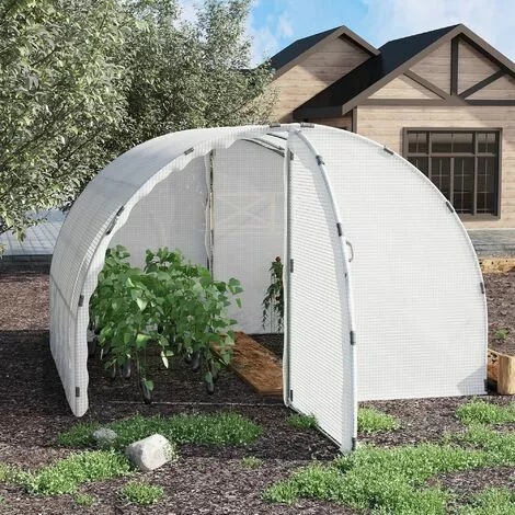 Outsunny Serre De Jardin Tunnel Surface Sol 8,38 M² Châssis Tubulaire Renforcé 24 Mm Double Porte Avec Poignées Blanc - Blanc 4 Outsunny Serre De Jardin Tunnel Surface Sol 8,38 M² Châssis Tubulaire Renforcé 24 Mm Double Porte Avec Poignées Blanc - Blanc – Image 4
