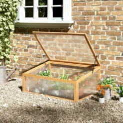 Outsunny Mini Serre De Jardin Serre à Tomates Dim. 90L X 60l X 40H Cm Toit Ouvrable Panneaux De Polycarbonate Bois Sapin Pré-huilé - Beige -Serre de jardin Boutique 52476579 5