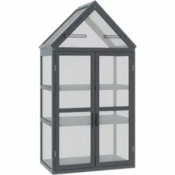 Outsunny Mini Serre De Jardin En Polycarbonate Cadre En Bois 3 Niveaux Dim. 70,5L X 42l X 132H Cm Double Porte Aérations Réglables Gris - Gris