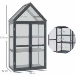 Outsunny Mini Serre De Jardin En Polycarbonate Cadre En Bois 3 Niveaux Dim. 70,5L X 42l X 132H Cm Double Porte Aérations Réglables Gris - Gris -Serre de jardin Boutique 53591957 3