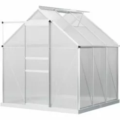 Outsunny Serre De Jardin Aluminium Polycarbonate 3,61 M² Dim. 1,9L X 1,9l X 2H M Lucarne Réglable Fondation Porte Coulissante - Transparent