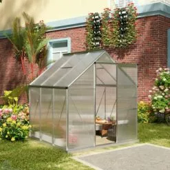 Outsunny Serre De Jardin Aluminium Polycarbonate 3,61 M² Dim. 1,9L X 1,9l X 2H M Lucarne Réglable Fondation Porte Coulissante - Transparent -Serre de jardin Boutique 53591958 4