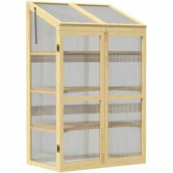 Outsunny Mini Serre De Jardin En Polycarbonate Cadre En Bois 3 étagères Dim. 80L X 50l X 130H Cm Double Porte Toit Ouvrant Bois De Sapin Autoclave - Beige