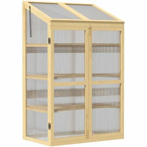 Outsunny Mini Serre De Jardin En Polycarbonate Cadre En Bois 3 étagères Dim. 80L X 50l X 130H Cm Double Porte Toit Ouvrant Bois De Sapin Autoclave - Beige 1 Outsunny Mini Serre De Jardin En Polycarbonate Cadre En Bois 3 étagères Dim. 80L X 50l X 130H Cm Double Porte Toit Ouvrant Bois De Sapin Autoclave - Beige