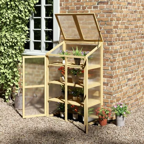 Outsunny Mini Serre De Jardin En Polycarbonate Cadre En Bois 3 étagères Dim. 80L X 50l X 130H Cm Double Porte Toit Ouvrant Bois De Sapin Autoclave - Beige 2 Outsunny Mini Serre De Jardin En Polycarbonate Cadre En Bois 3 étagères Dim. 80L X 50l X 130H Cm Double Porte Toit Ouvrant Bois De Sapin Autoclave - Beige – Image 2
