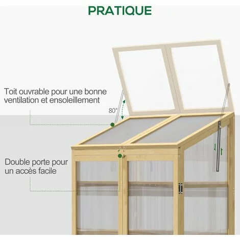 Outsunny Mini Serre De Jardin En Polycarbonate Cadre En Bois 3 étagères Dim. 80L X 50l X 130H Cm Double Porte Toit Ouvrant Bois De Sapin Autoclave - Beige 4 Outsunny Mini Serre De Jardin En Polycarbonate Cadre En Bois 3 étagères Dim. 80L X 50l X 130H Cm Double Porte Toit Ouvrant Bois De Sapin Autoclave - Beige – Image 4
